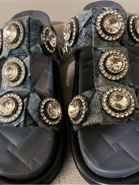 Kurt Geiger Denim Crystal-Embellished Slide Sandals - Blue
